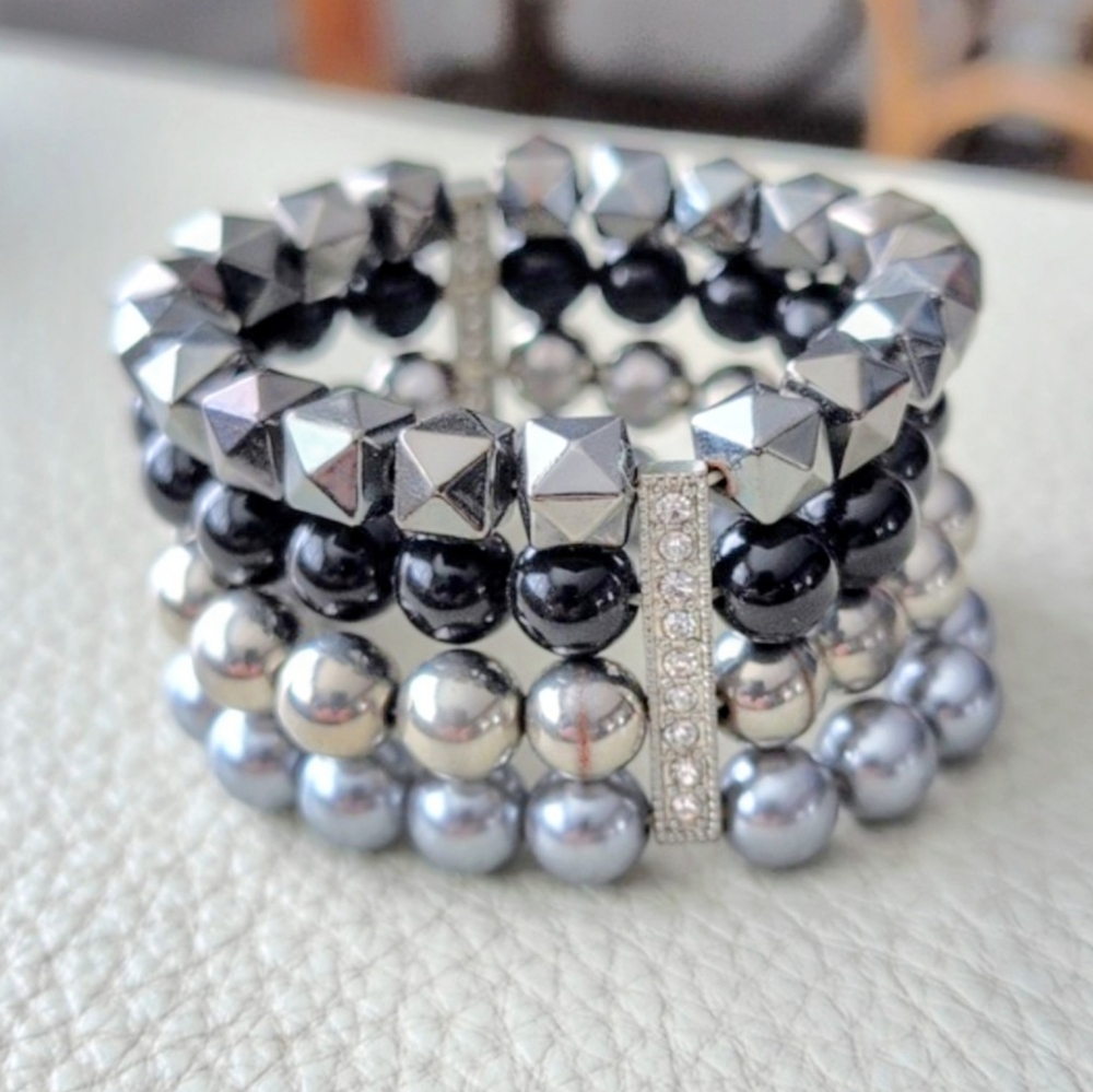 Goth Vamp Black and Silver Mutli-Stand Stretch Bracelet Gemstones